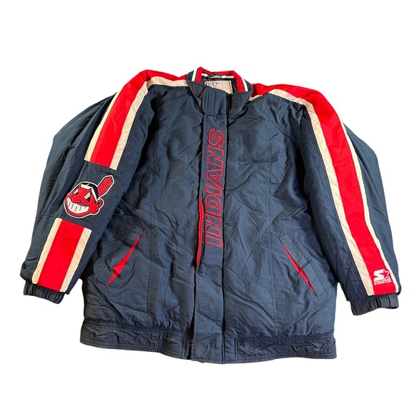 Vintage Starter Cleveland Indians Jacket Mens Large Navy Blue Puffer Chief Wahoo